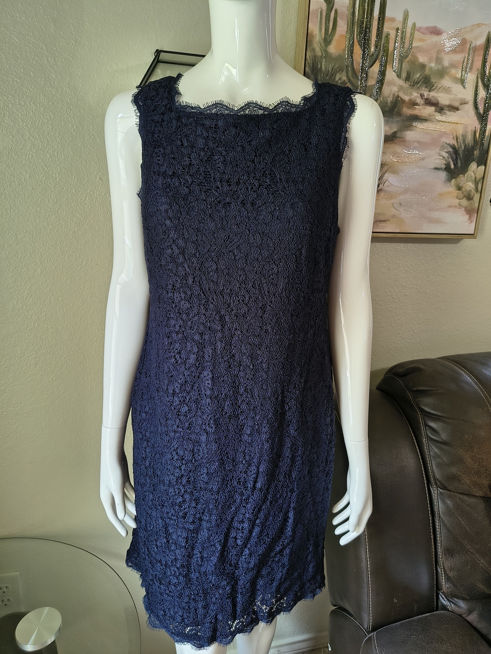 Adrianna Papell Navy Blue Lace Sheath Dress Sleeveless Boatneck